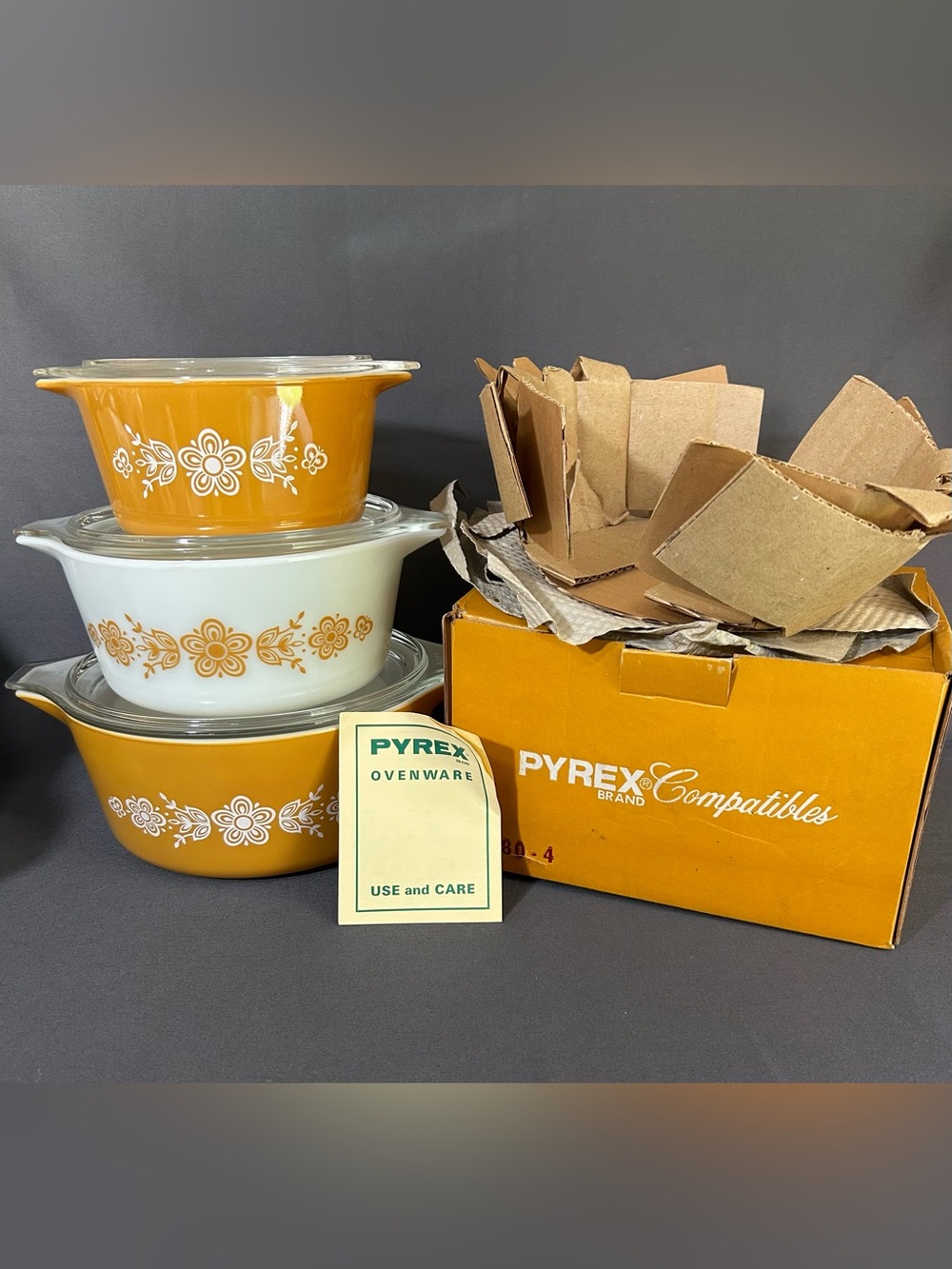 Vintage Pyrex New in Opened Box Butterfly Gold Casserole Sets 473,474 & 475